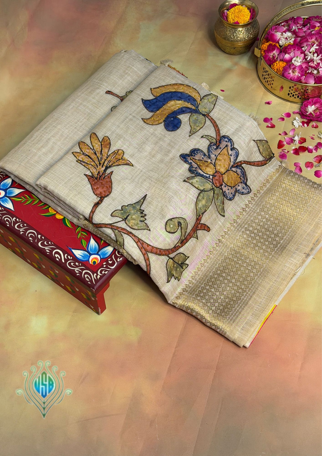 UTSAV BANARAS 397: Golden Glow Cotton Tissue Saree with Kaatha &amp; Kalamkari Work