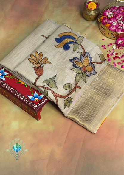UTSAV BANARAS 397: Golden Glow Cotton Tissue Saree with Kaatha &amp; Kalamkari Work