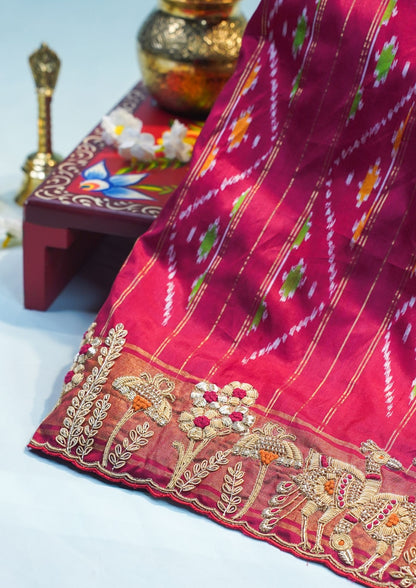 "VIRASAT 209" Banarasi Fuchsia Pink Pure Ikkat Barik Zardozi Embroidered Saree