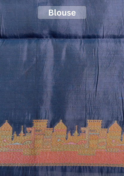VIRASAT 436: Deep Ink Blue Pure Silk Banarasi Saree with Heritage Ghat Border, Antique Zari Meenakari &amp; Polka Dot Weaving