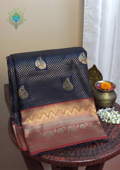 UTSAV BANARAS 452: Deep Navy Blue Banarasi Silk Saree with Antique Zari Paisley Butis &amp; Heritage Border