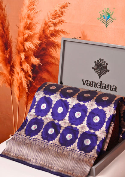 VIRASAT 409A: Royal Blue Handloom Katan Silk Kadwa Circle Jaal &amp; Meenakari Small Buti All Over Saree With Zari Border Pallu (Silk Mark Certified)
