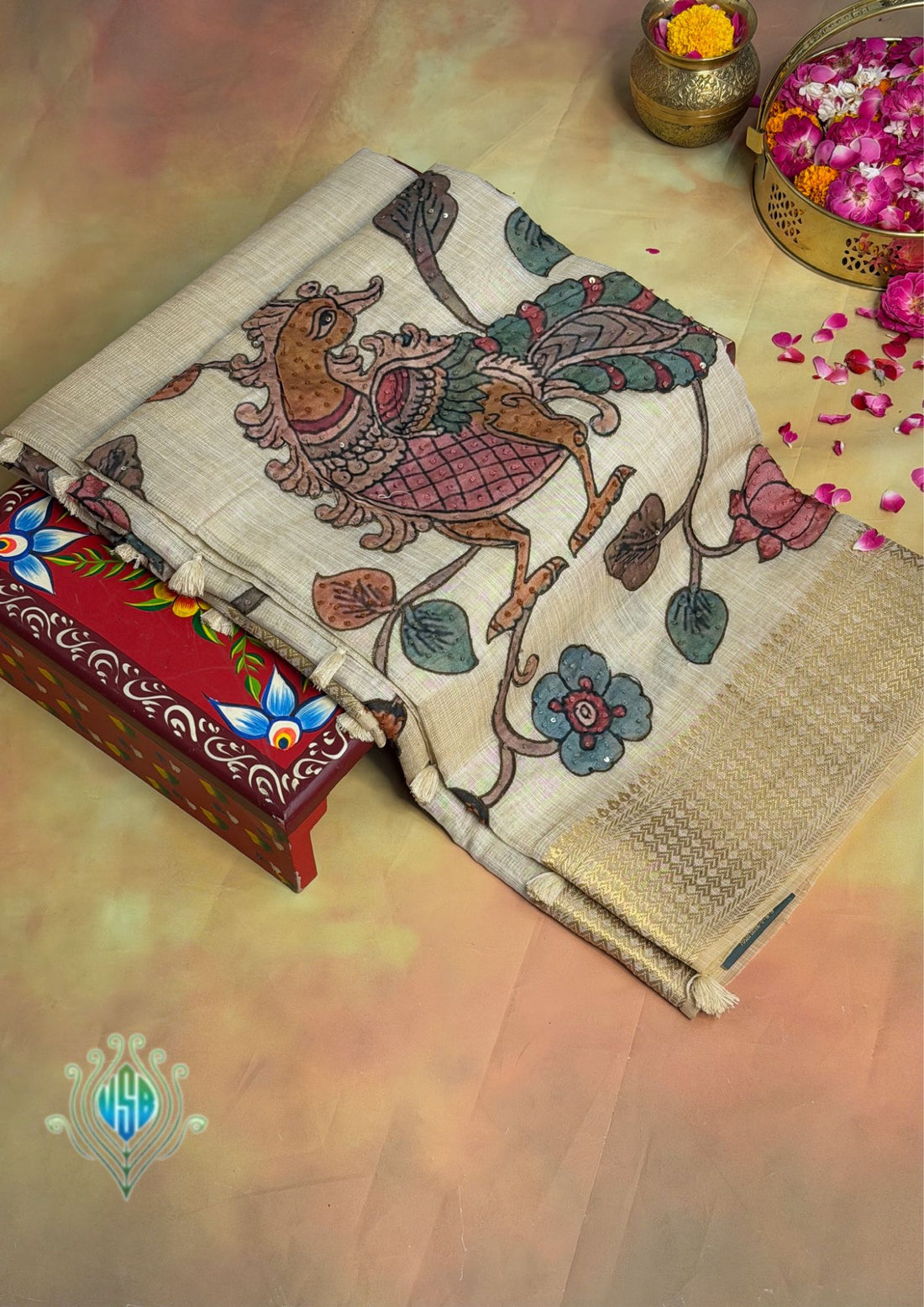 UTSAV BANARAS 398: Natural Color Cotton Tissue Saree with Kaatha &amp; Kalamkari Work