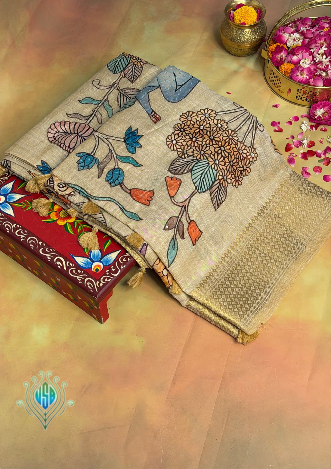 UTSAV BANARAS 399: Golden Cotton Tissue Saree with Kaatha &amp; Kalamkari Work