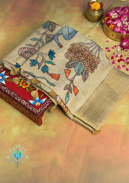 UTSAV BANARAS 399: Golden Cotton Tissue Saree with Kaatha &amp; Kalamkari Work