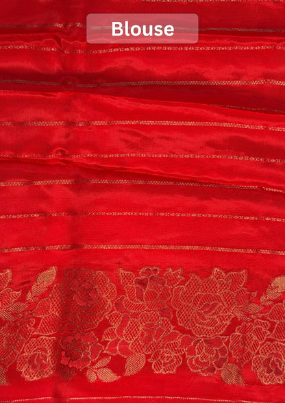 UTSAV BANARAS 488: Poppy Red Malai Silk Saree with Digital Print, Zari Stripe Design &amp; Floral Zari Border