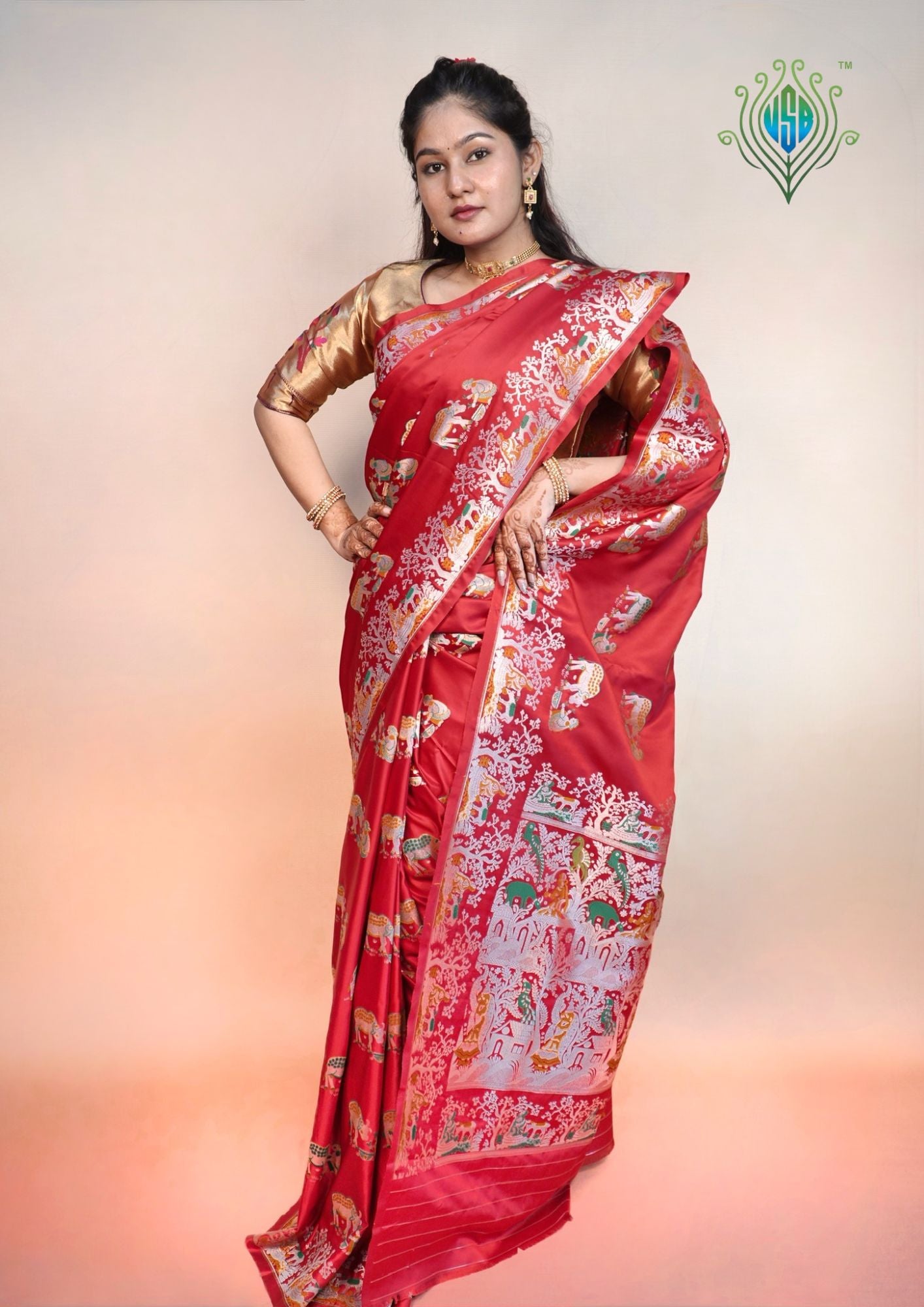 Waah Banaras 172: Crimson Red Satin Banarasi Silk Saree with Meenakari Booti