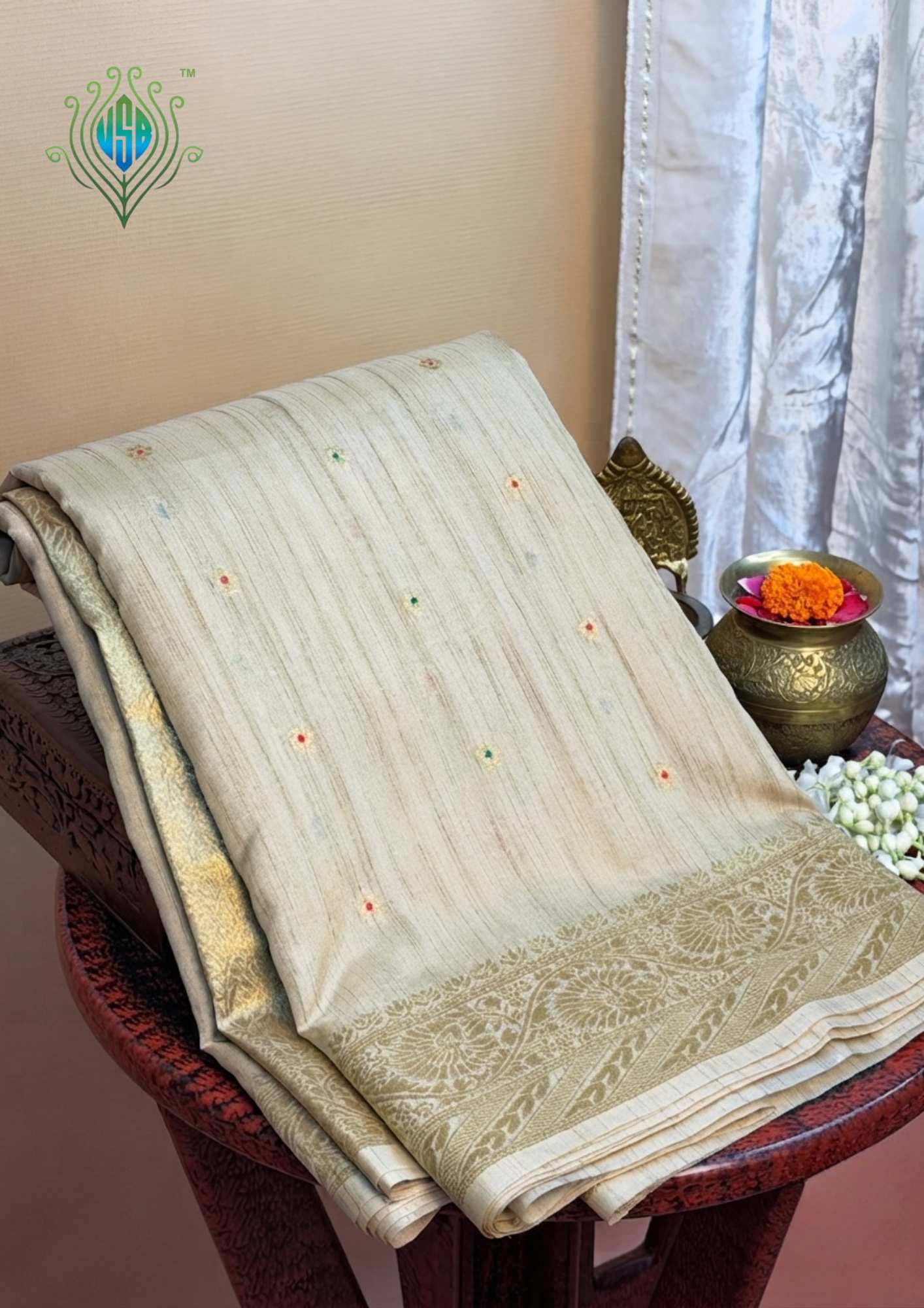 UTSAV BANARAS 427: Ivory Beige Tissue Silk Saree with Hand-Painted Tea Garden Scene &amp; Gold Zari Border