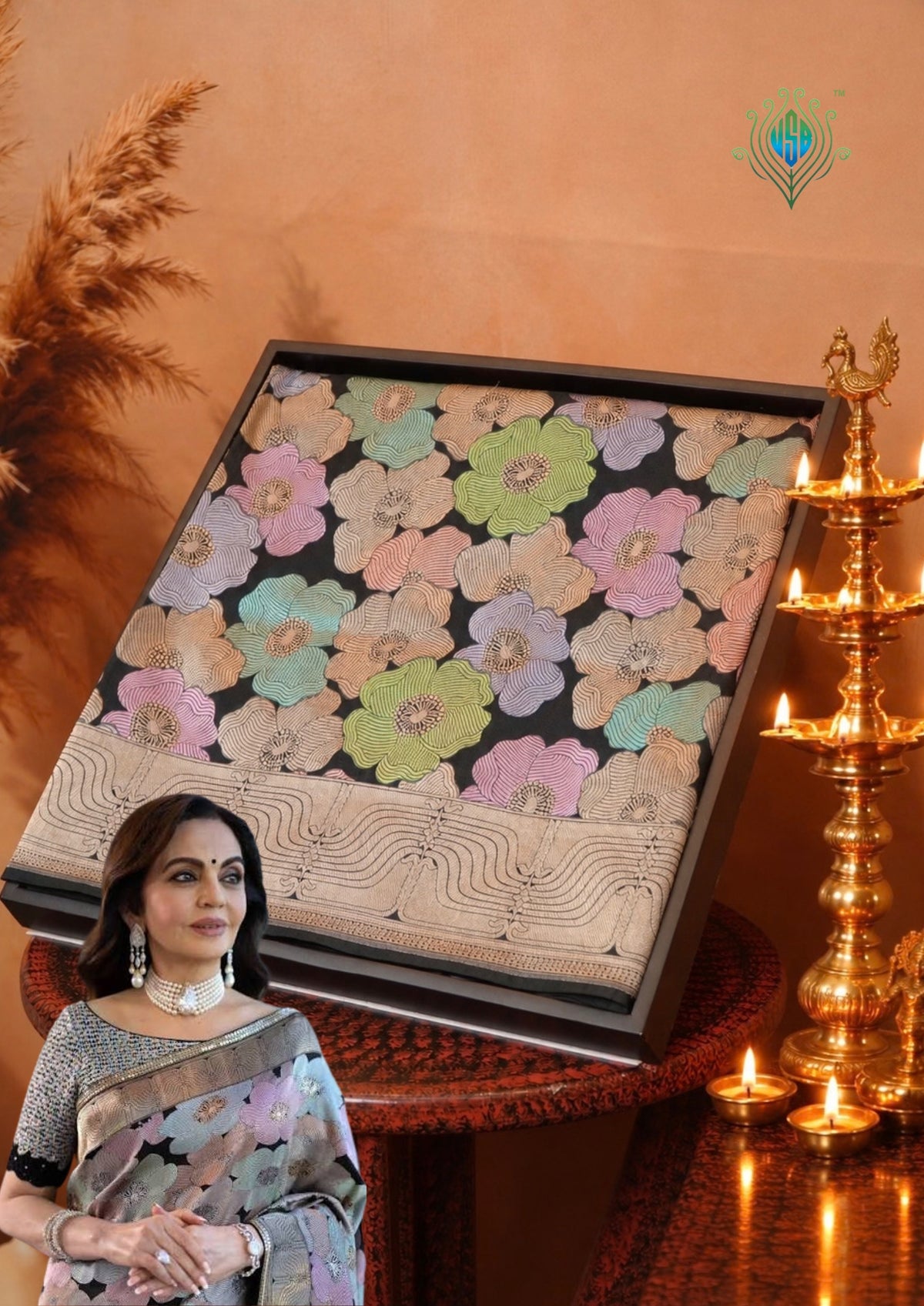 VIRASAT 425: Pure Handloom Katan Silk Meenakari Floral Saree – Inspired by the Timeless Elegance of Mrs. Nita M. Ambani