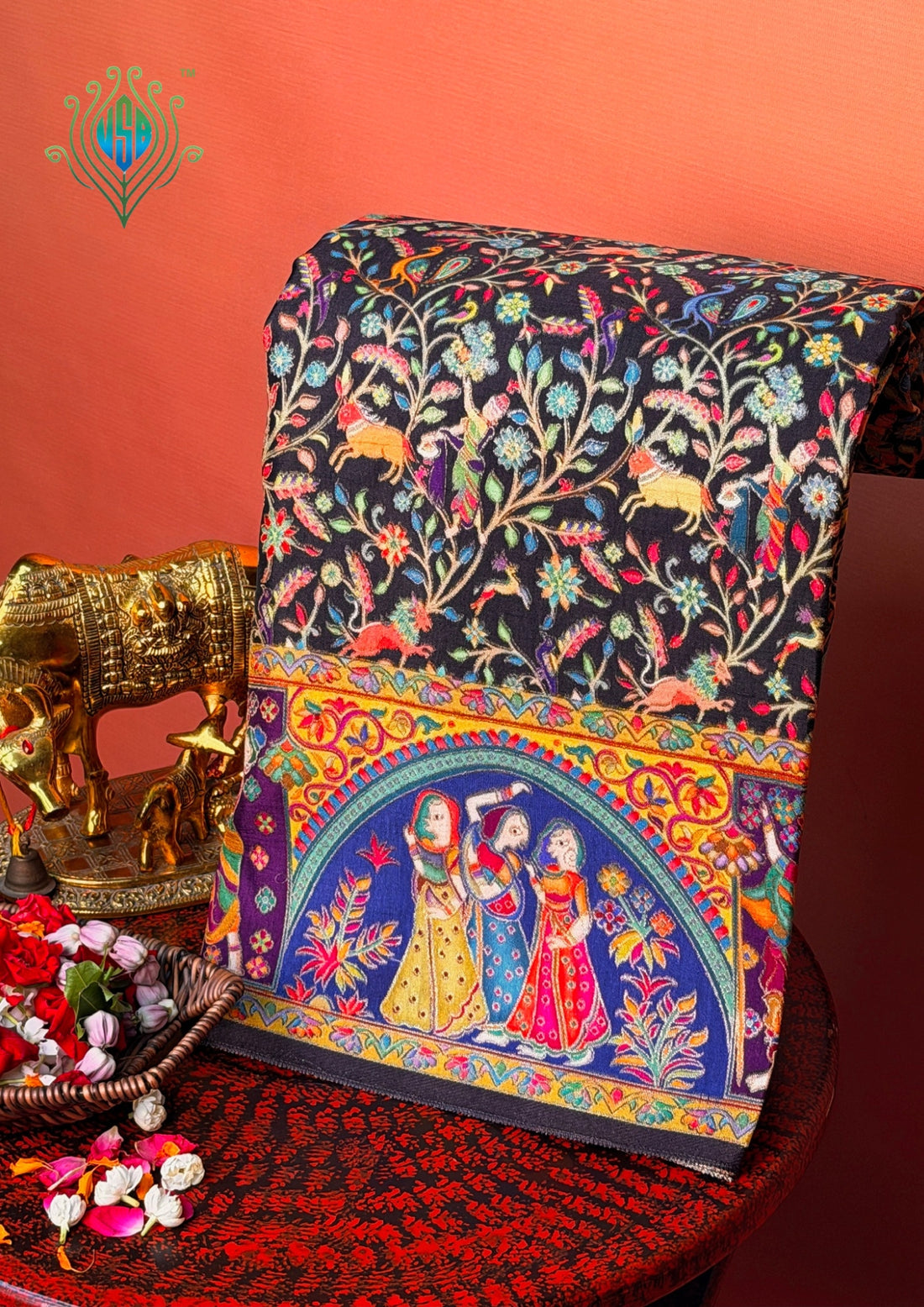 UTSAV BANARAS 479G: Jade Black Butter Silk Saree with Kalamkari Position Print &amp; Contrast Blouse