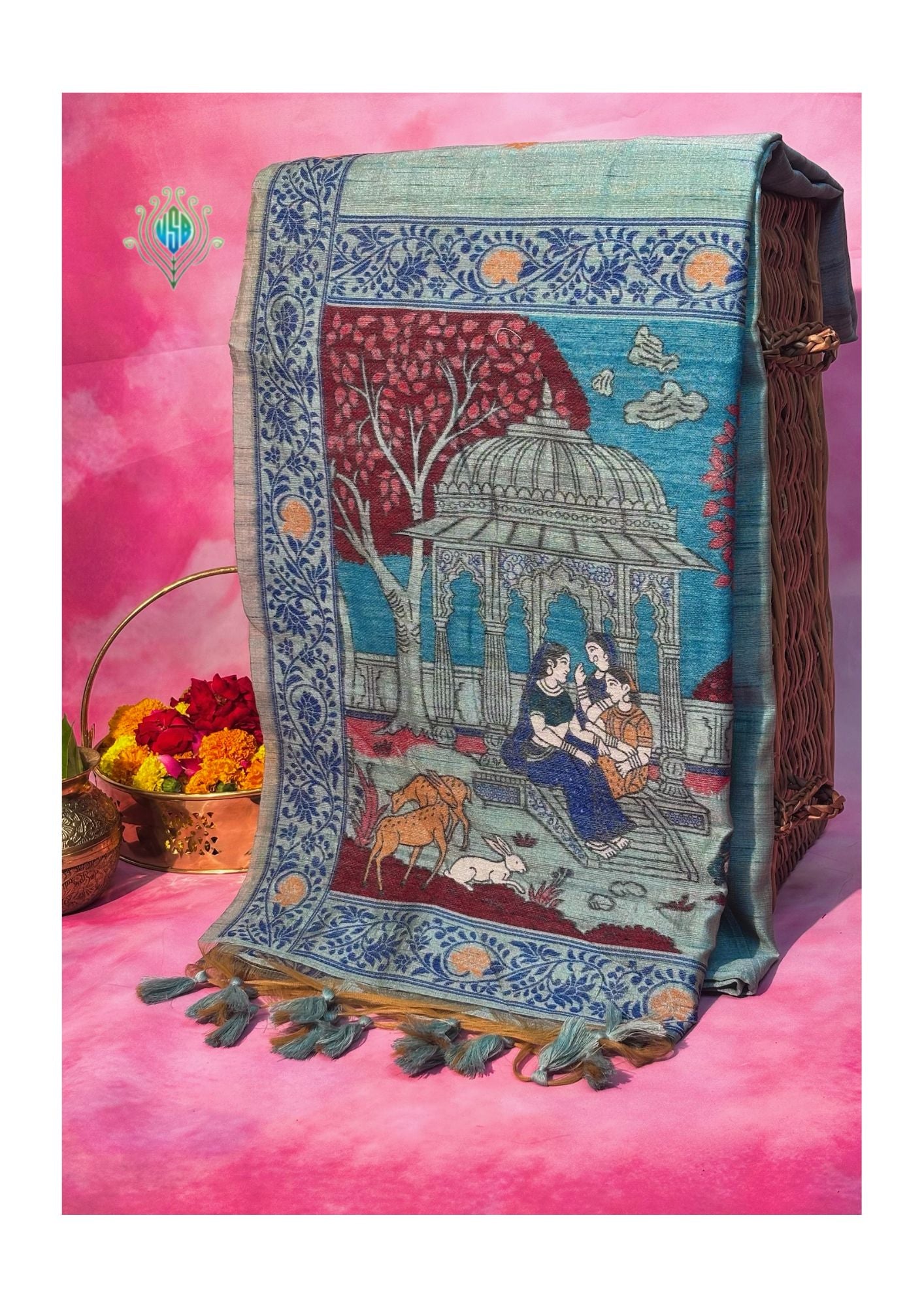 Utsav Banaras 075: Dusty Blue Jamdani Saree with Artistic Heritage Scene Weave