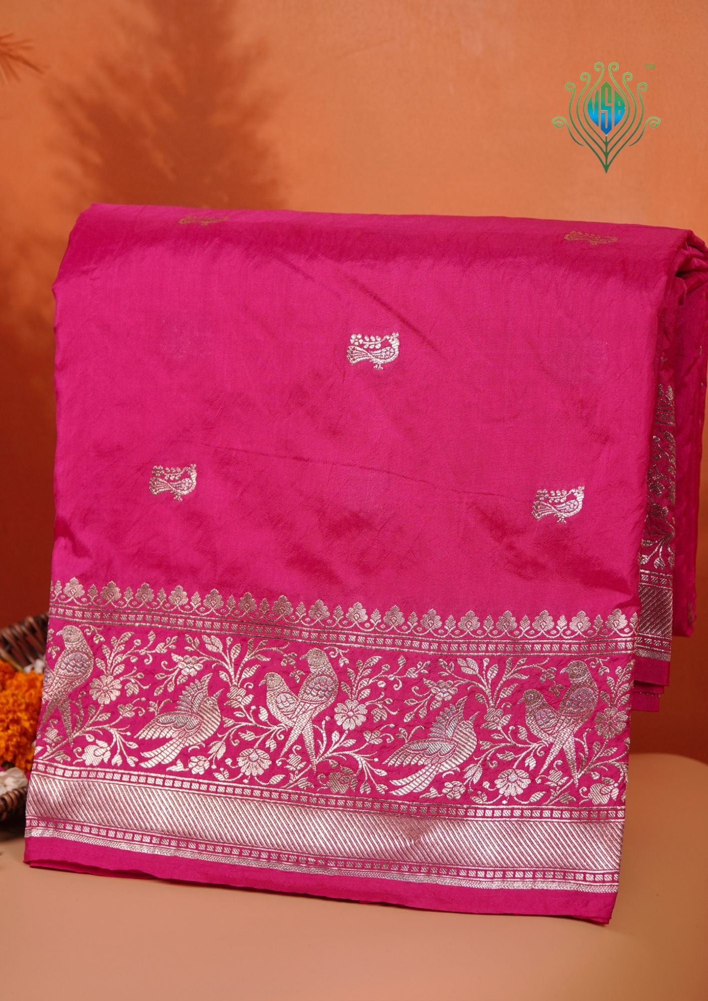 Waah Banaras 181C: Regal Rani Pink Semi Katan Silk Saree With Beautiful Bird Border