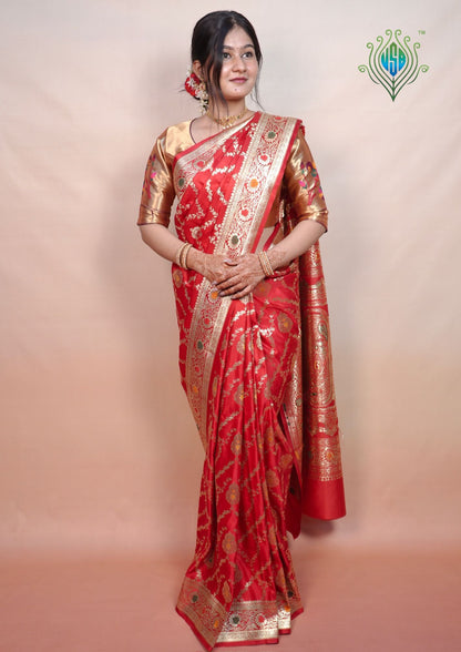Waah Banaras 171: Bridal Red Satin Banarasi Silk Saree with Meenakari Booti