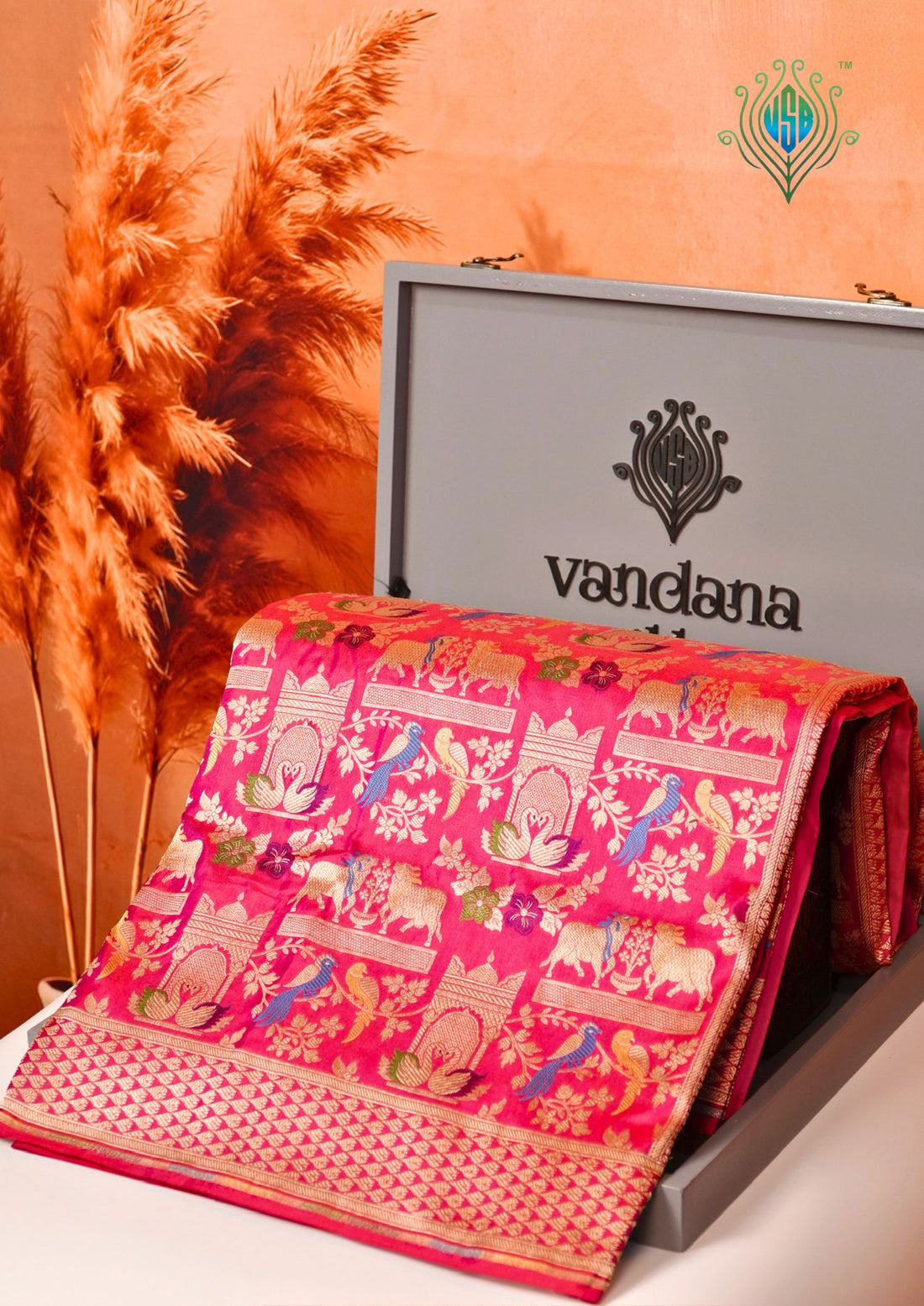 VIRASAT 435A: Silk Mark Certified Fuchsia Pink Pure Handloom Katan Silk Saree with Kadwa Meenakari Bird Motif Zari Jaal