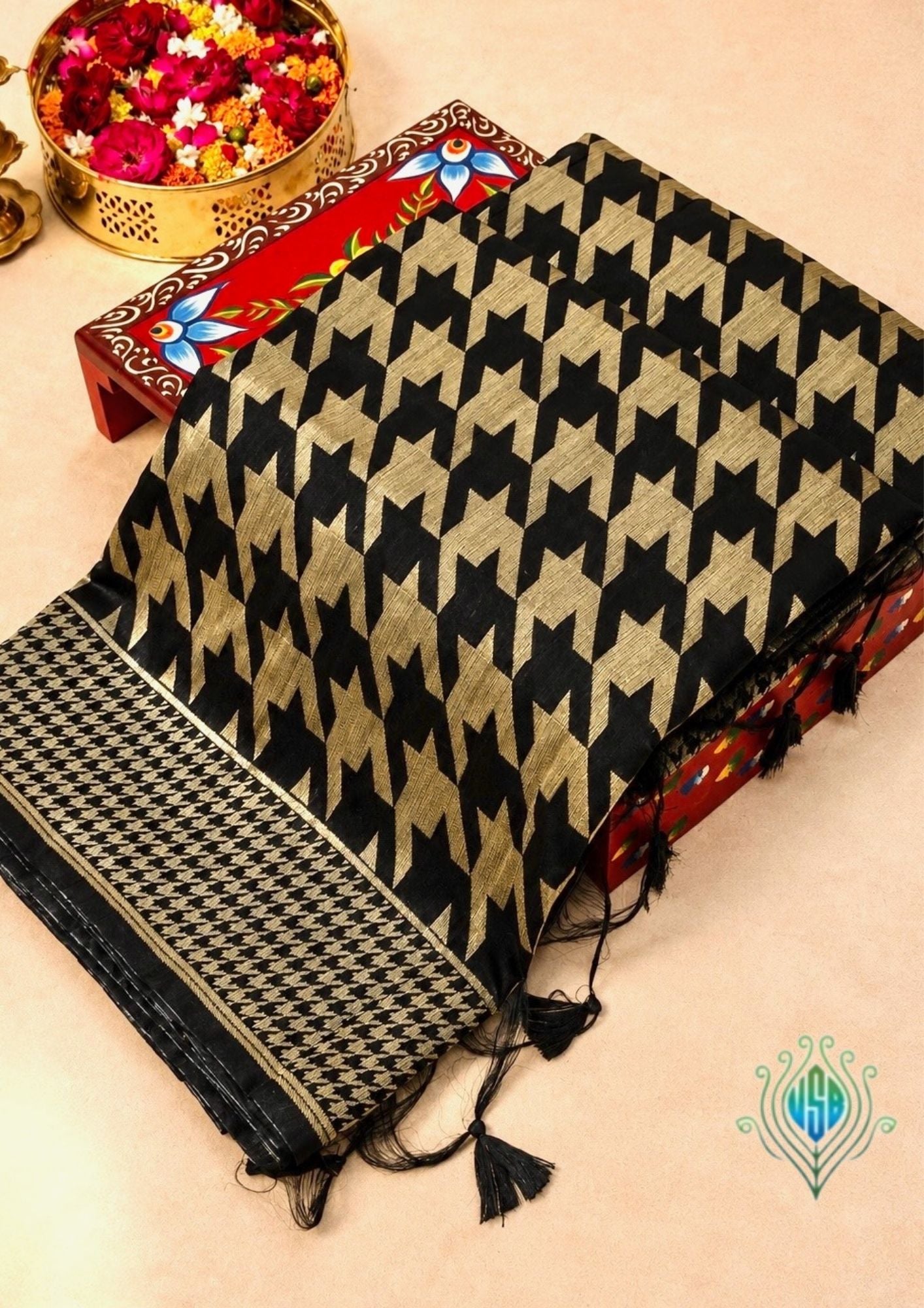 UTSAV BANARAS 402: Black Gold Raw Silk Saree with Abstract Designer Weave