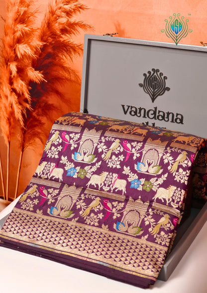 VIRASAT 435B: Silk Mark Certified Deep Wine Pure Handloom Katan Silk Saree with Kadwa Meenakari Bird Motif Zari Jaal