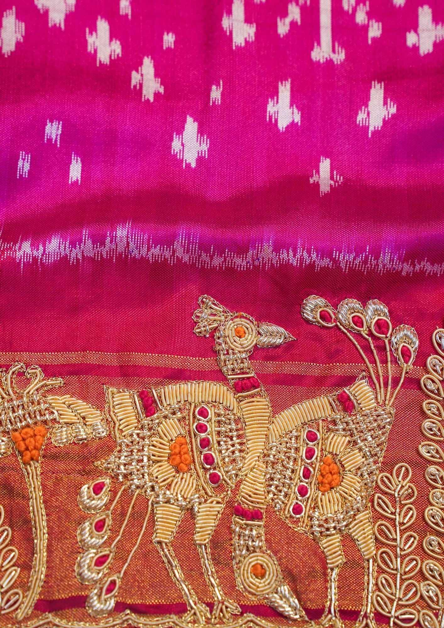 "VIRASAT 209" Banarasi Fuchsia Pink Pure Ikkat Barik Zardozi Embroidered Saree