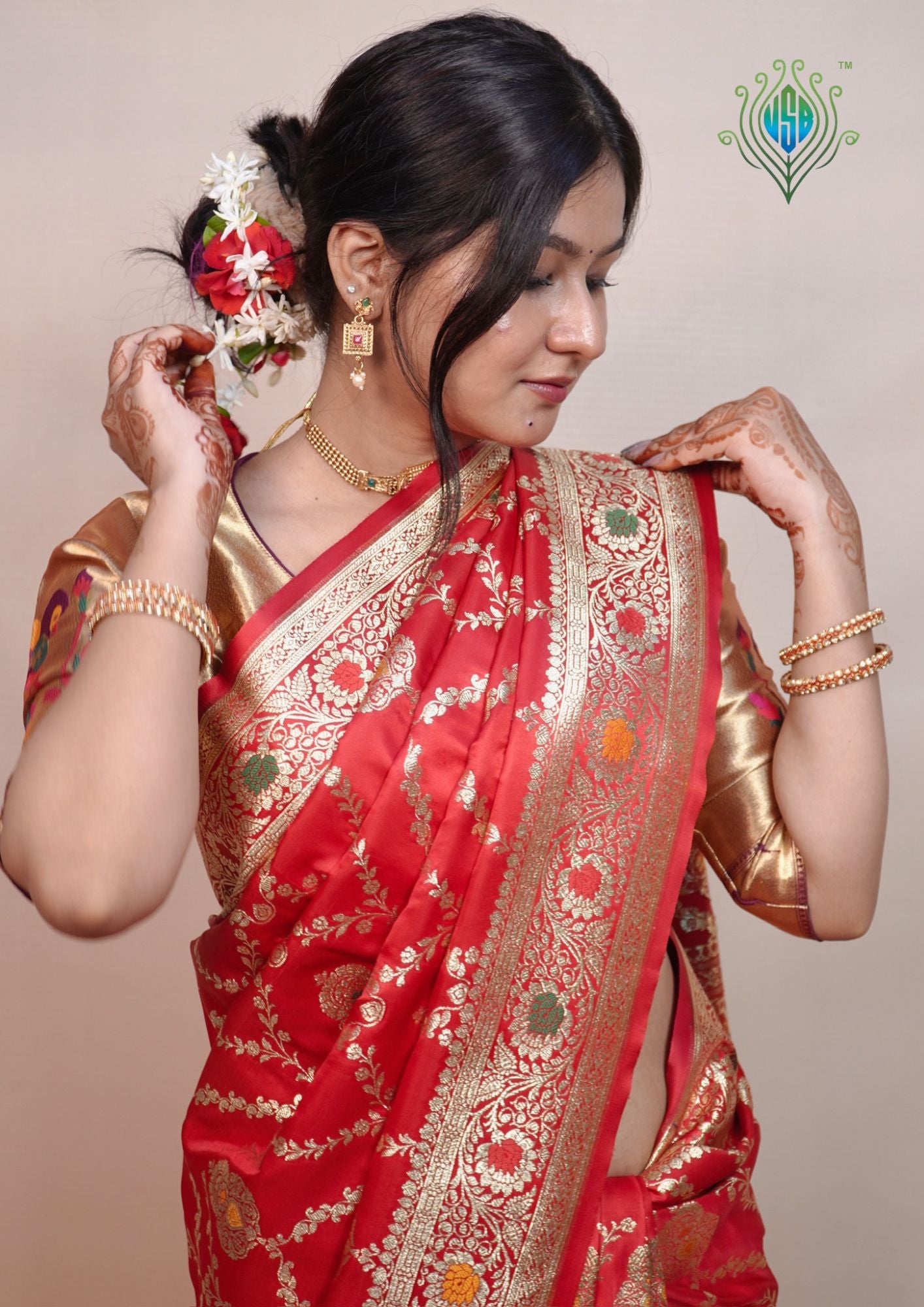 Waah Banaras 171: Bridal Red Satin Banarasi Silk Saree with Meenakari Booti