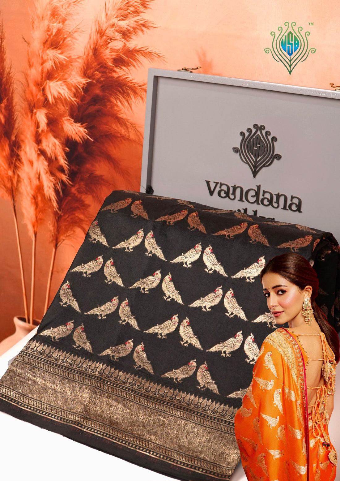 Founder Choice 060B: Black Pure Handloom Kadwa Silk Meenakari Parrot Saree &amp; Silk Mark