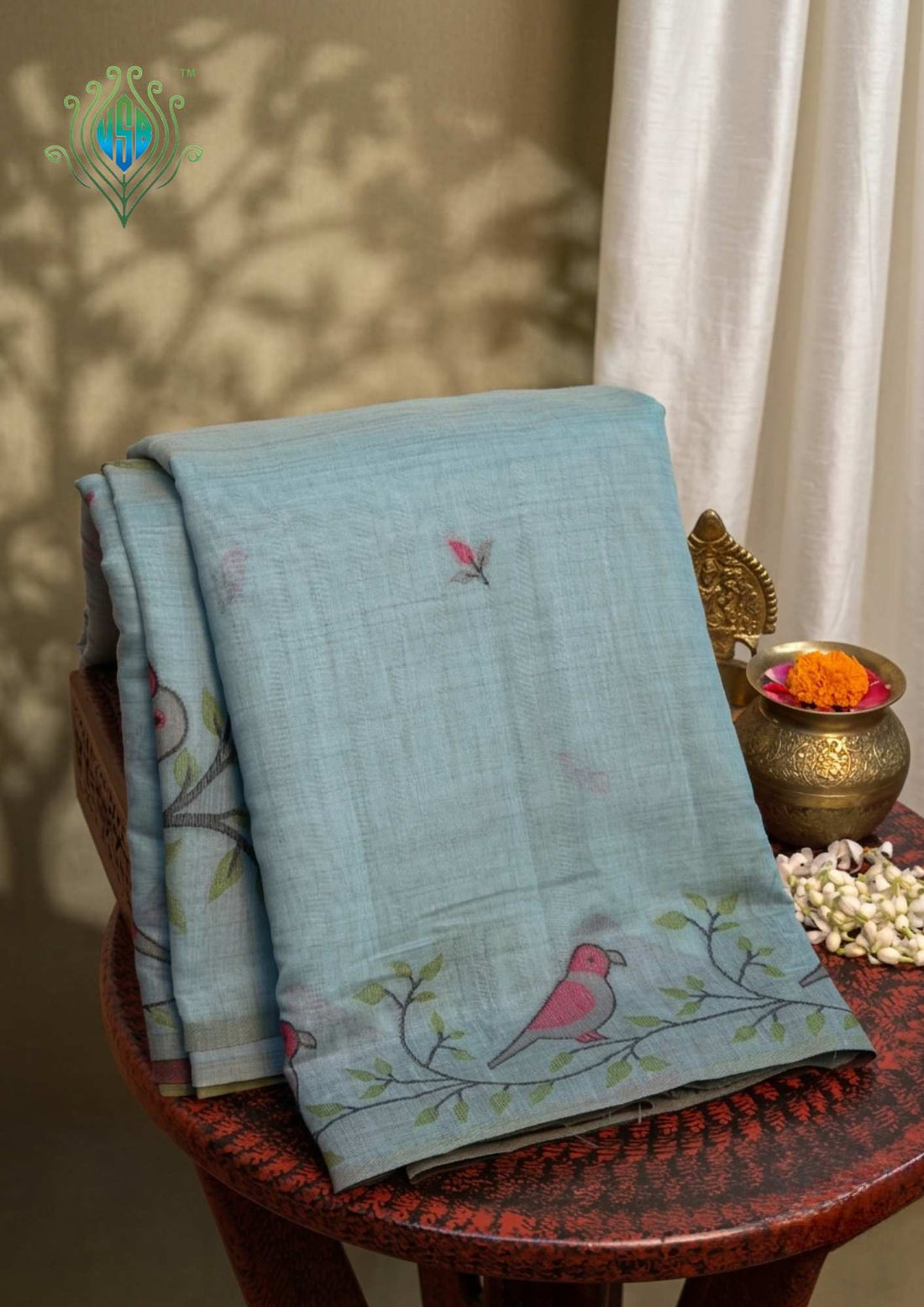 UTSAV BANARAS 466: Powder Blue Cotton Saree with Pink Resham Bird Motif &amp; Nature-Inspired Border