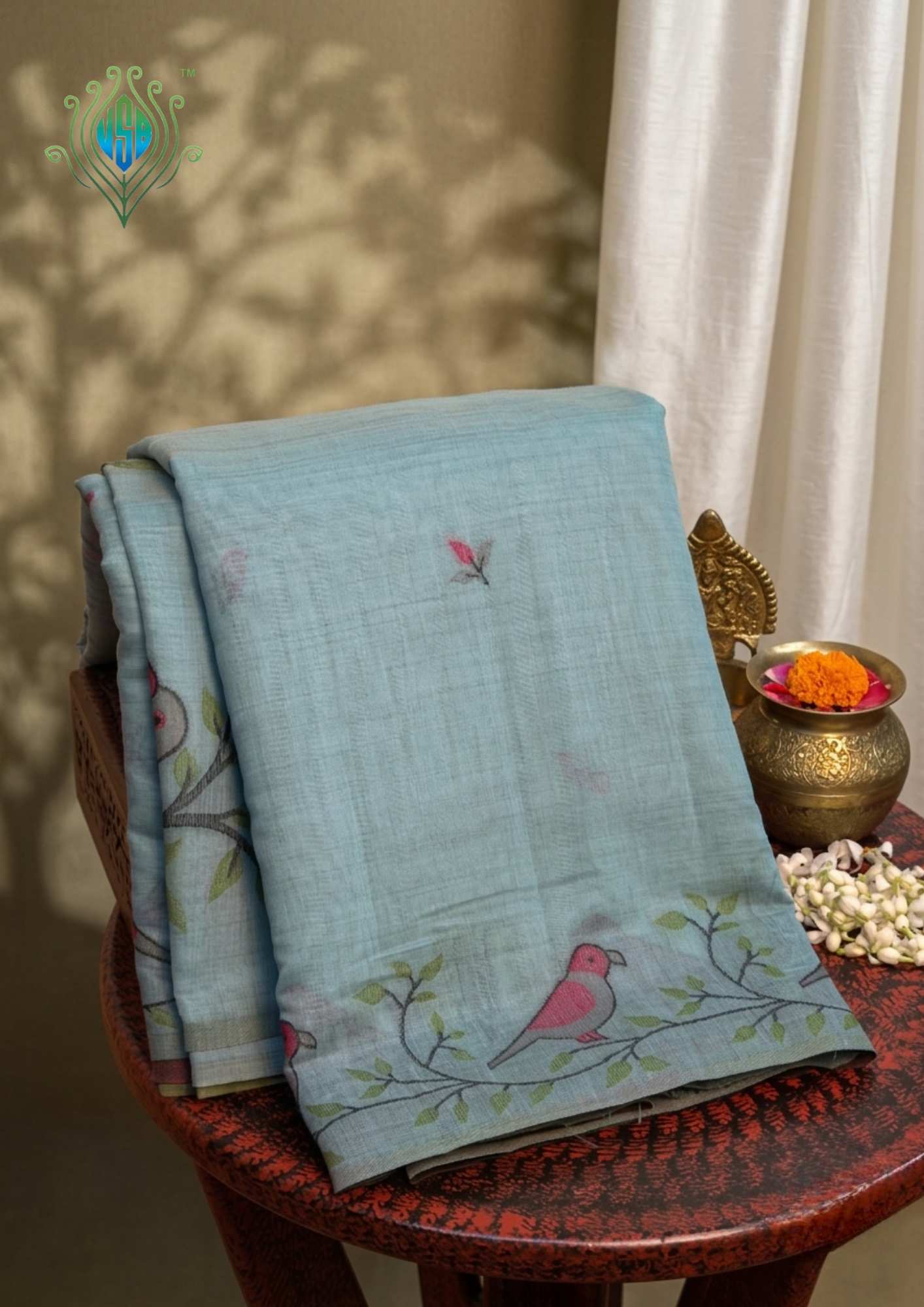 UTSAV BANARAS 466: Powder Blue Cotton Saree with Pink Resham Bird Motif &amp; Nature-Inspired Border