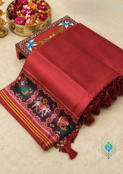 UTSAV BANARAS 400: Glossy Red Patola Silk Saree with Traditional Ikkat Design