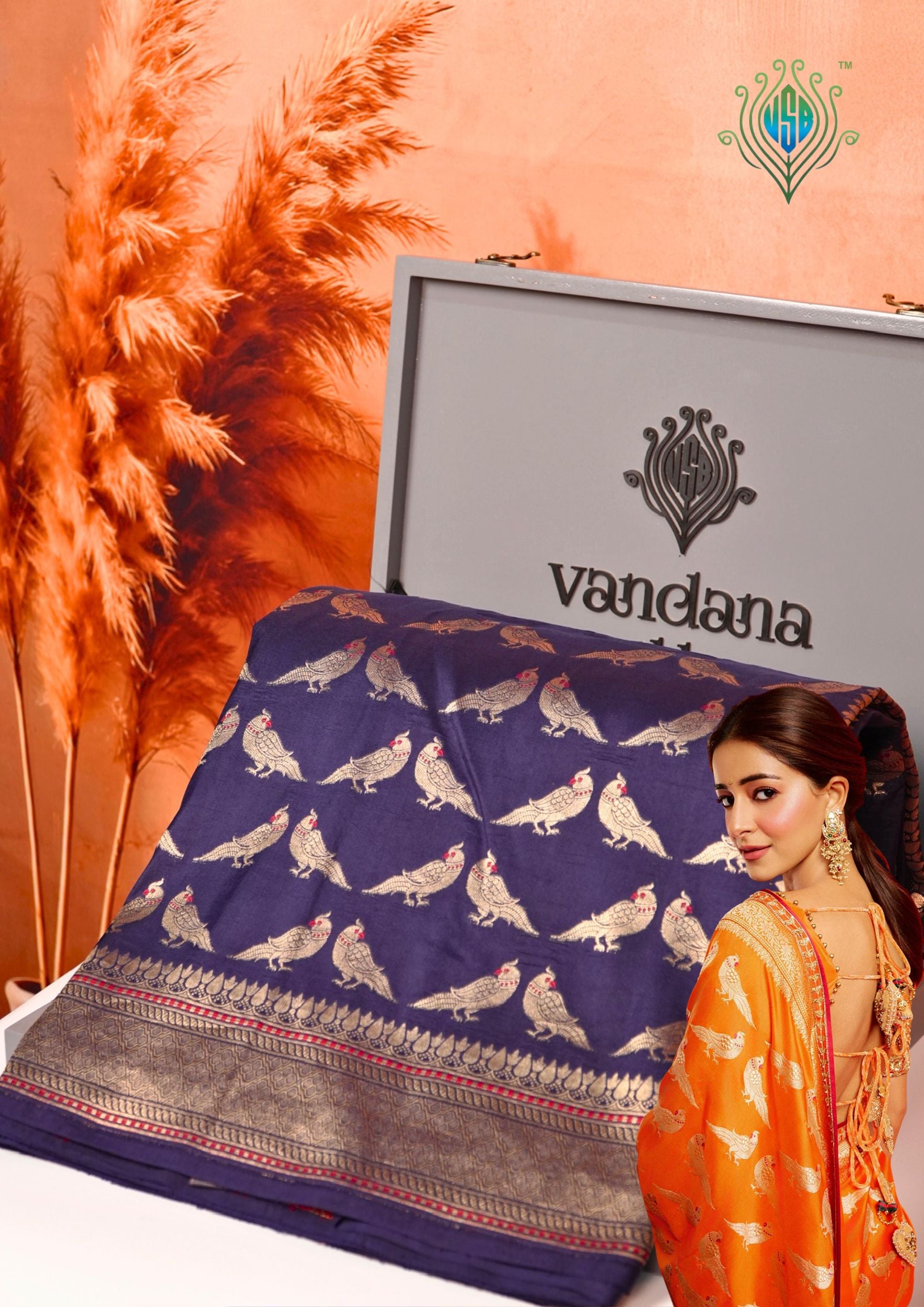 Founder Choice 060A: Navy Blue Pure Handloom Kadwa Silk Meenakari Parrot Saree &amp; Silk Mark