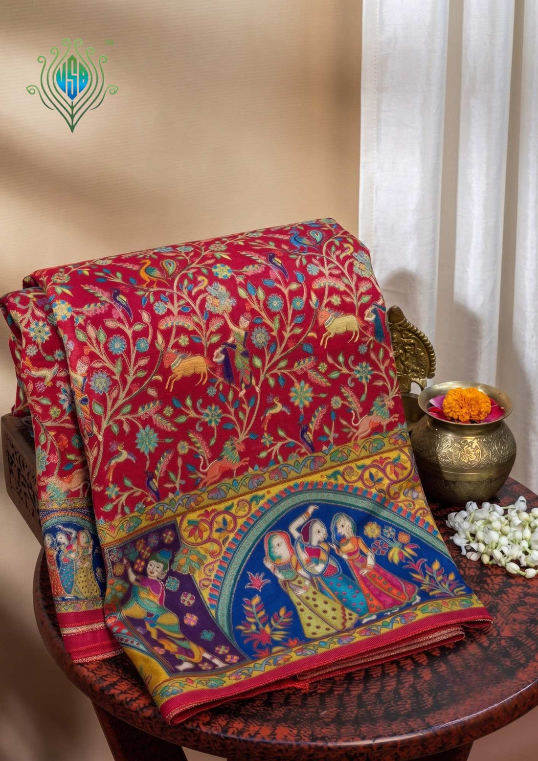 UTSAV BANARAS 479D: Crimson Red Butter Silk Saree with Kalamkari Position Print &amp; Contrast Blouse