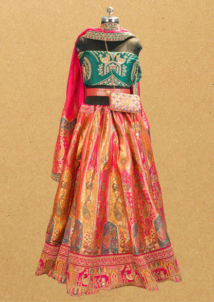"MANSI 030" Banarasi Traditional Silk Lehenga with Cutwork Border, AD Work & Matching Banarasi Handbag