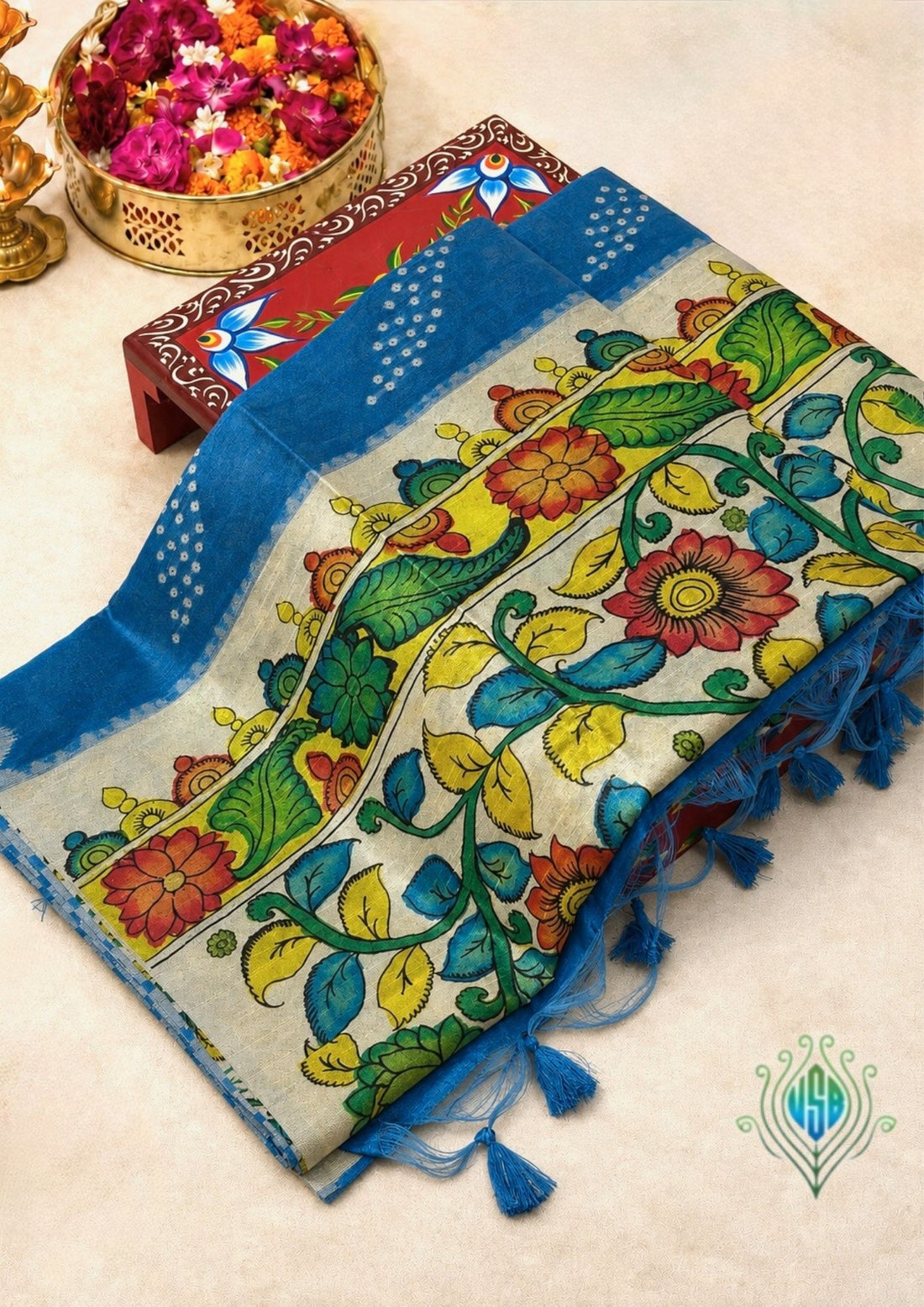 UTSAV BANARAS 403: Azure Blue Saree with Chunari Buti Weave &amp; Kalamkari Printed Pallu