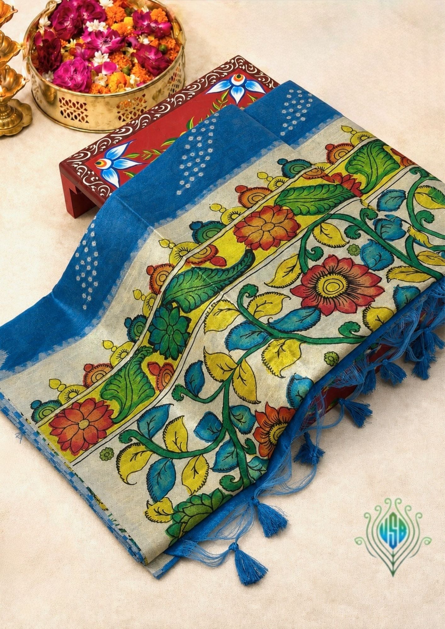 UTSAV BANARAS 403: Azure Blue Saree with Chunari Buti Weave &amp; Kalamkari Printed Pallu
