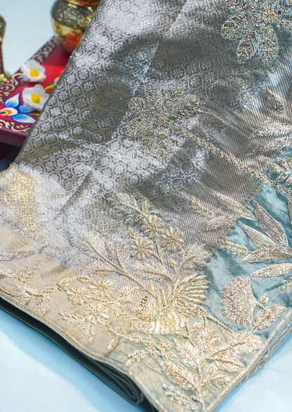 "VIRASAT 208" Banarasi Silver-Grey With Gold Pure Kanjivaram Barik Zardozi Embroidered Saree