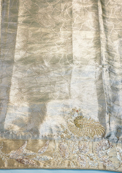 "VIRASAT 208" Banarasi Silver-Grey With Gold Pure Kanjivaram Barik Zardozi Embroidered Saree