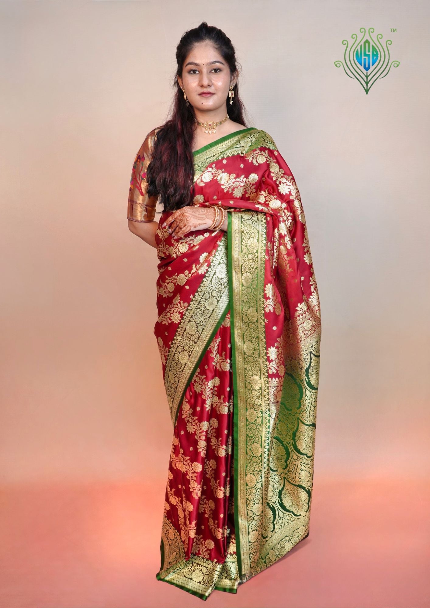 Waah Banaras 169: Maroon &amp; Green Satin Banarasi Silk Saree with Contrast Floral Palla