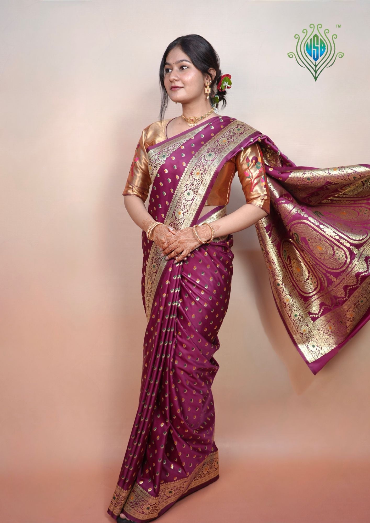Waah Banaras 174A: Deep Wine Satin Banarasi Silk Saree with Meenakari Booti