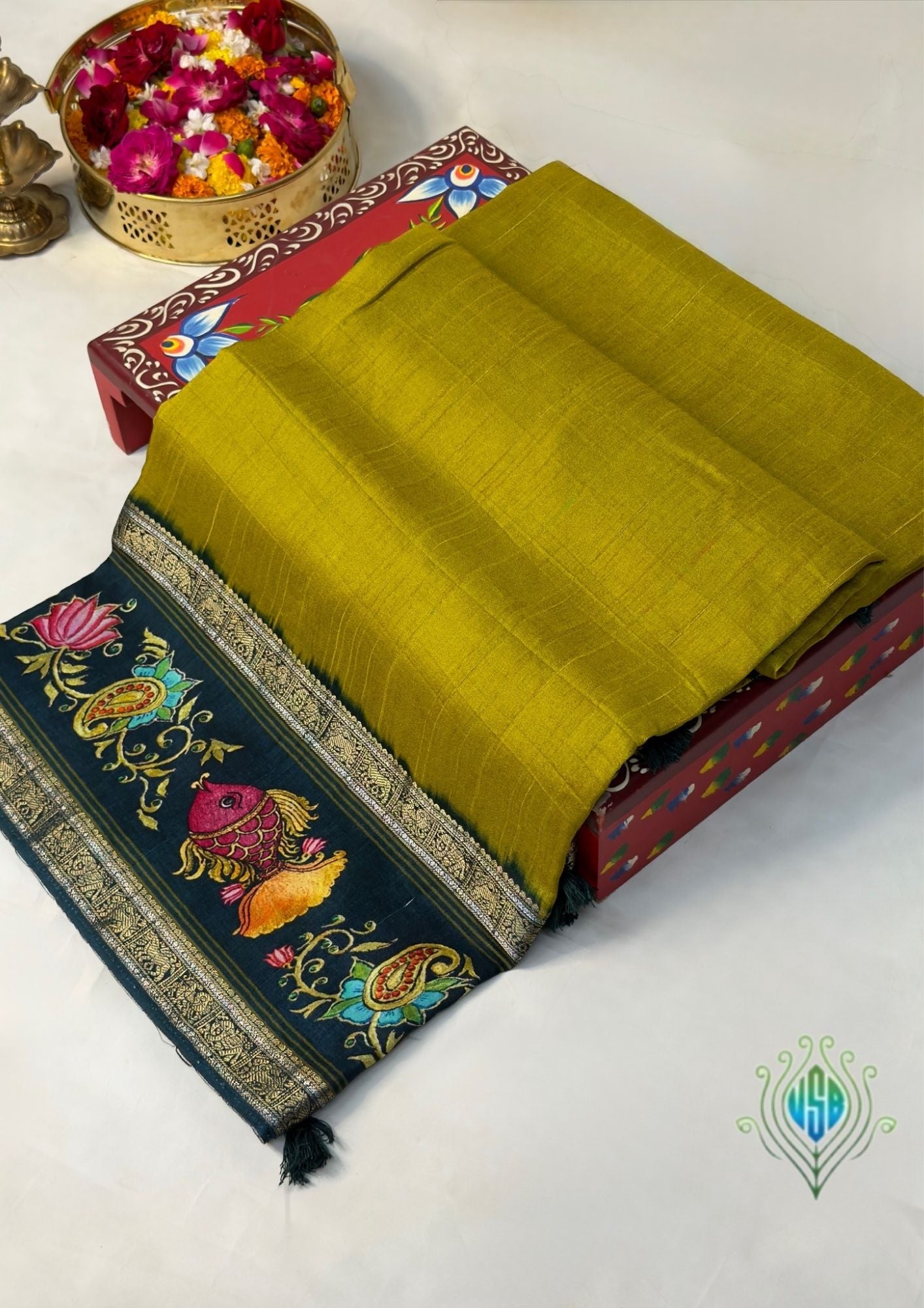 UTSAV BANARAS 372: Mustard Gold Tussar Georgette Saree with Tanjore Artistry Border