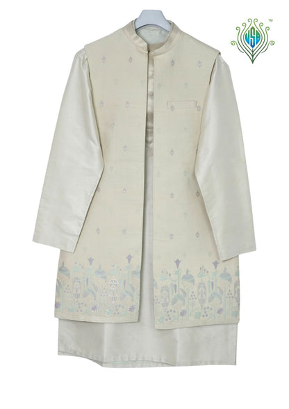 MJ 013E: Light Lemon Banarasi Silk Kurta Payjama Jacket