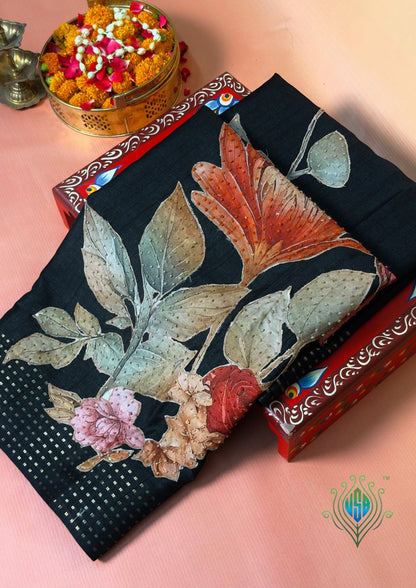 UTSAV BANARAS 407: Black Tussar Silk Saree with Handcrafted Kantha Work &amp; Rich Zari Border