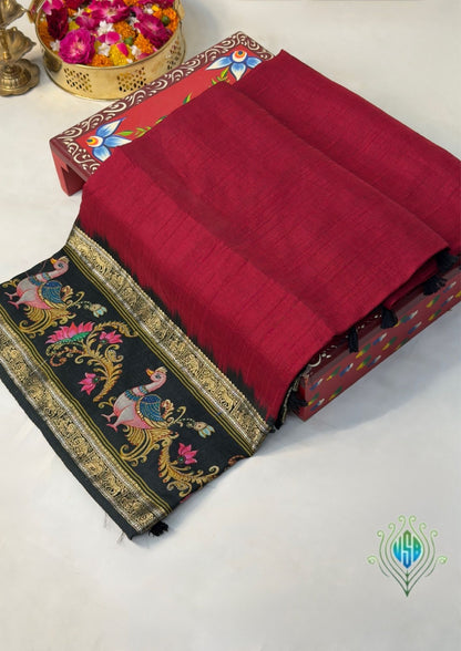 UTSAV BANARAS 387: Cherry Red Tussar Georgette Saree with Tanjore Artistry Border