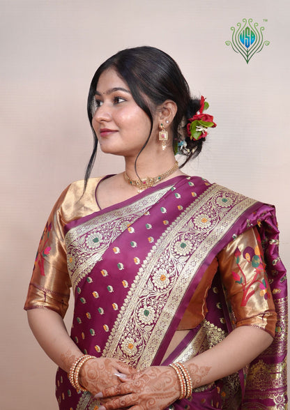 Waah Banaras 174A: Deep Wine Satin Banarasi Silk Saree with Meenakari Booti