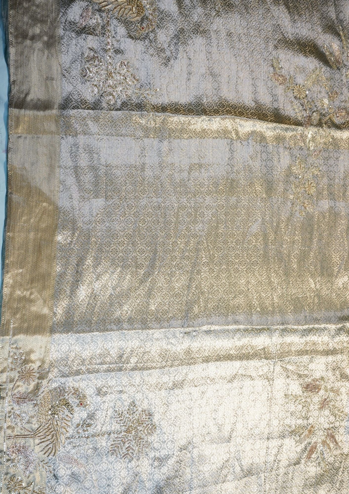"VIRASAT 208" Banarasi Silver-Grey With Gold Pure Kanjivaram Barik Zardozi Embroidered Saree