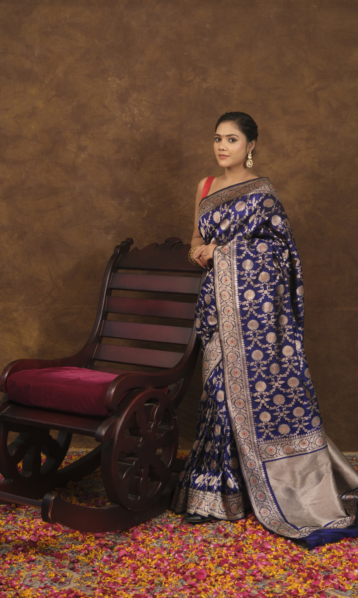 VIRASAT 161: Navy Blue Pure Handloom Katan Silk Mughal Meenakari Floral Jaal Saree