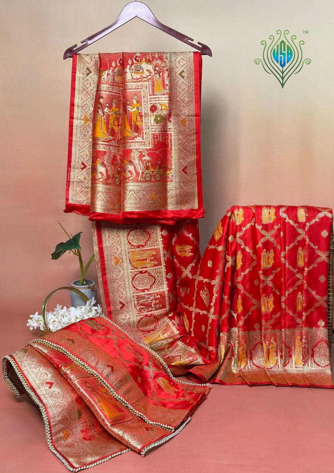 UTSAV BANARAS 420: Dulhan Red Satin Mashru Valkalam Saree with Meenakari Floral Border &amp; Matching Dupatta