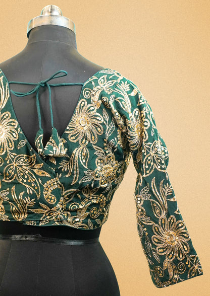 "RDM BL 015A" Banarasi Green Silk Blouse With Golden Zari Embroidery