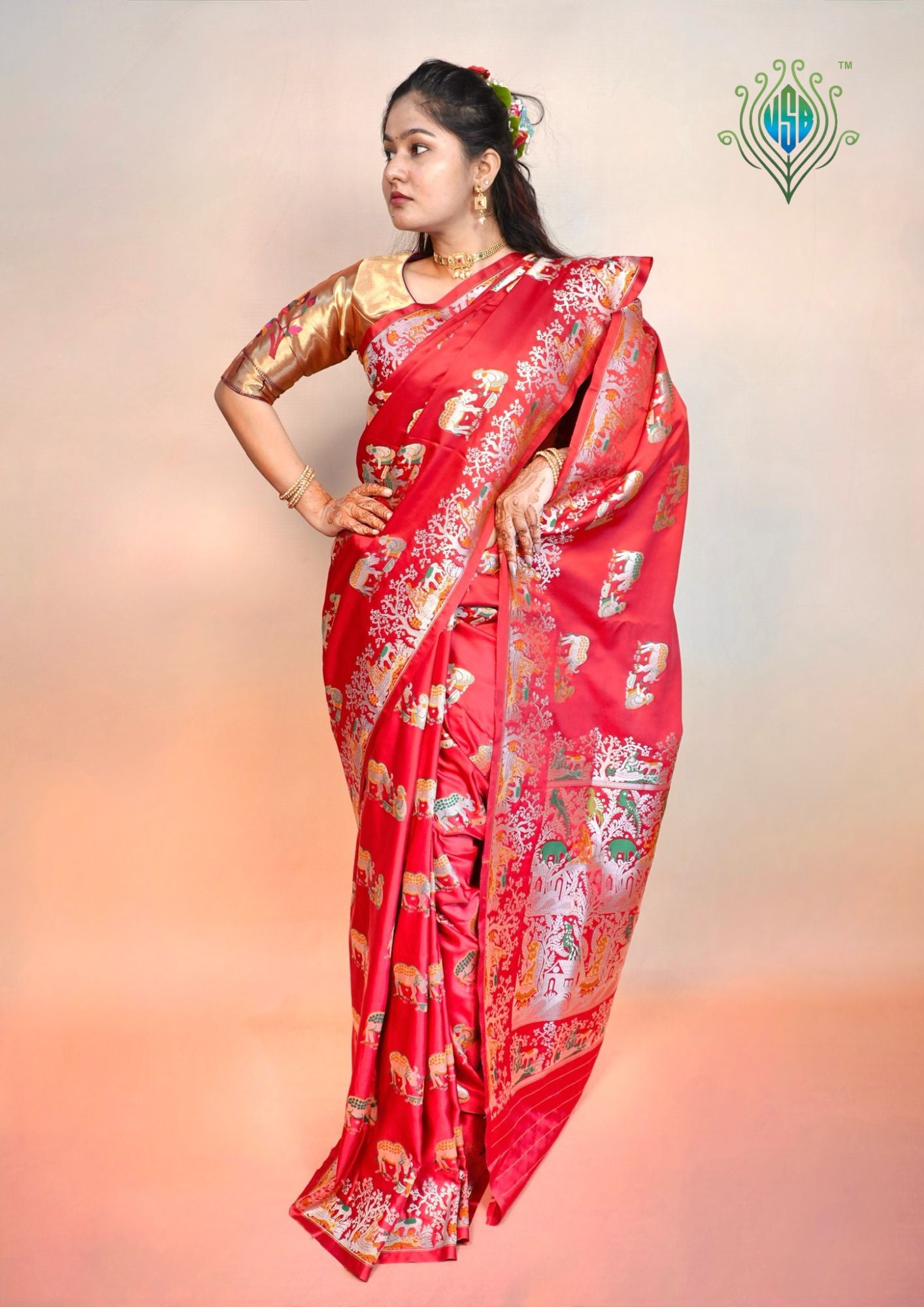 Waah Banaras 172: Crimson Red Satin Banarasi Silk Saree with Meenakari Booti