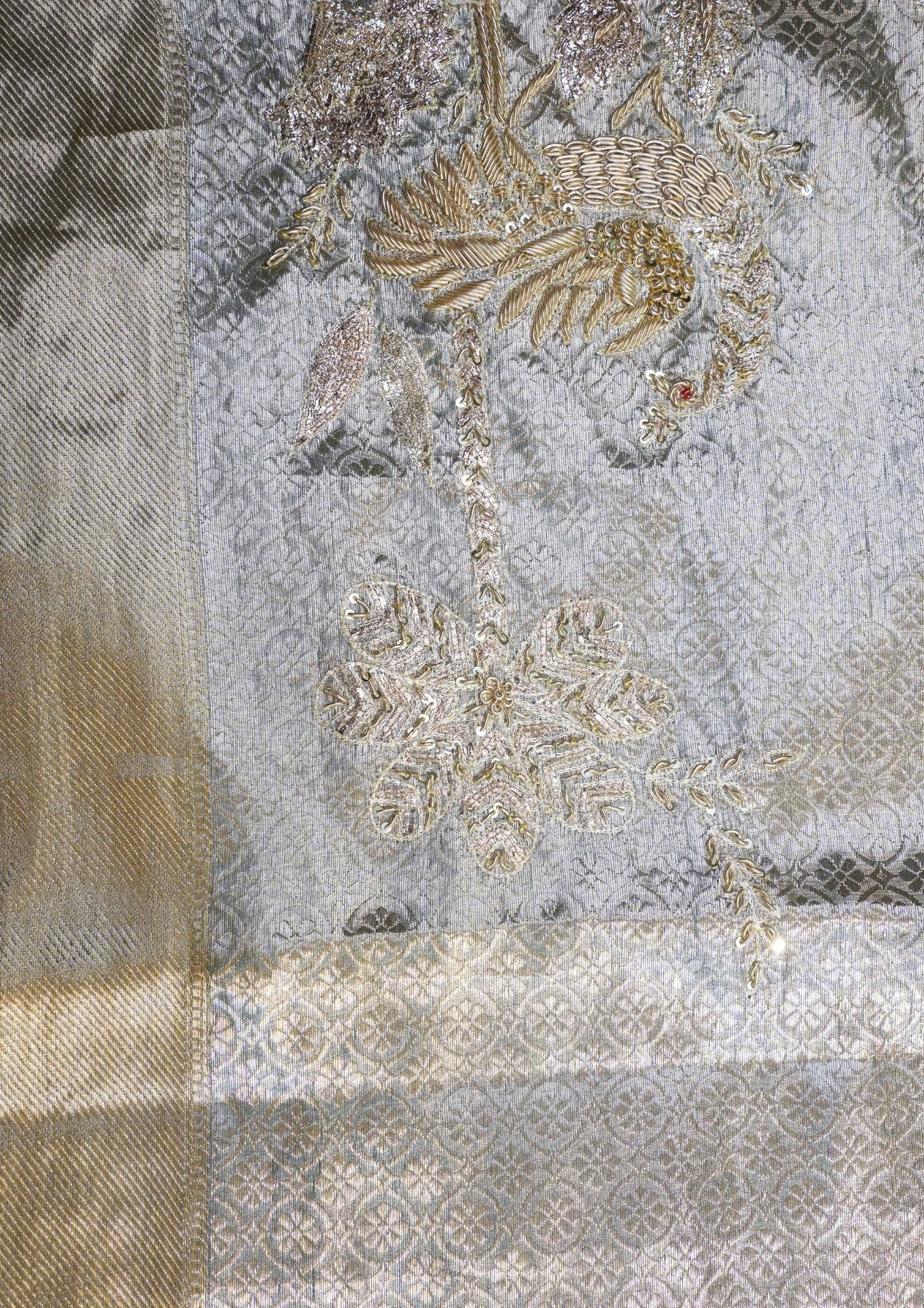 "VIRASAT 208" Banarasi Silver-Grey With Gold Pure Kanjivaram Barik Zardozi Embroidered Saree