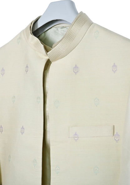 MJ 013E: Light Lemon Banarasi Silk Kurta Payjama Jacket