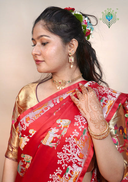 Waah Banaras 172: Crimson Red Satin Banarasi Silk Saree with Meenakari Booti