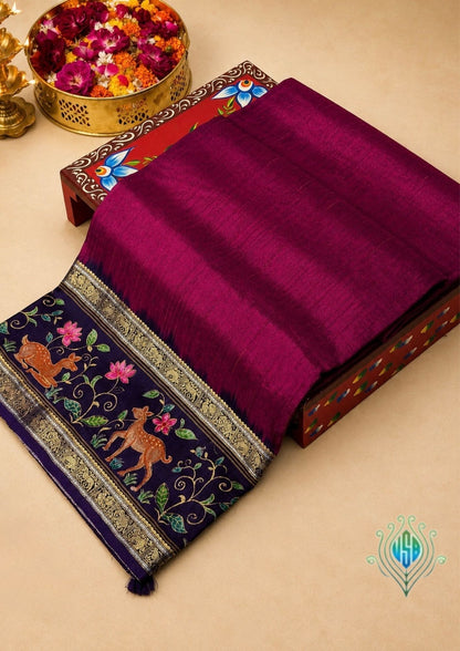 UTSAV BANARAS 289: Royal Magenta Tussar Georgette Saree with Tanjore Artistry Border