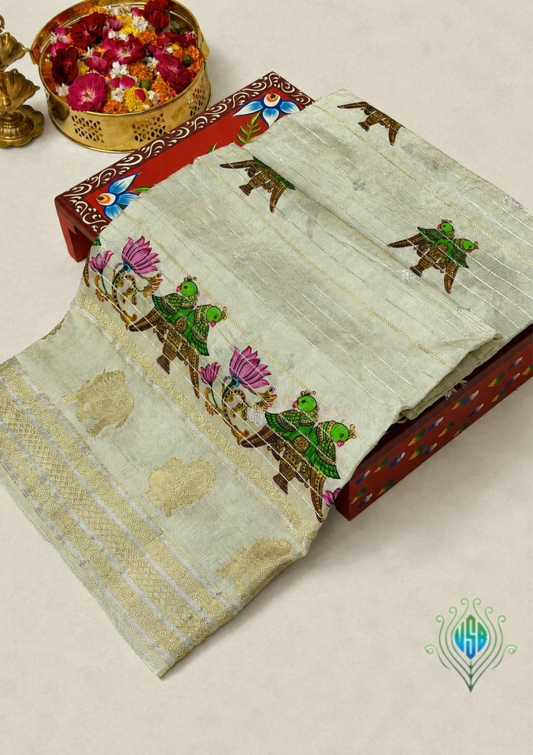UTSAV BANARAS 373: Ivory Tusser Georgette Silk Saree with Sona Rupa Zari &amp; Kalamkari Skirt Border